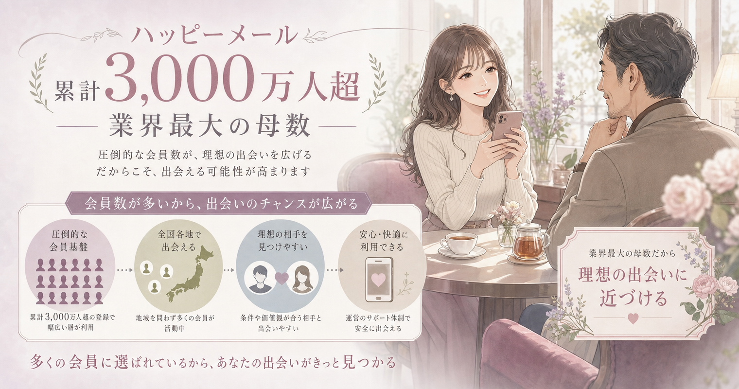 第10位:ハッピーメール、累計3,000万人超、業界最大の母数